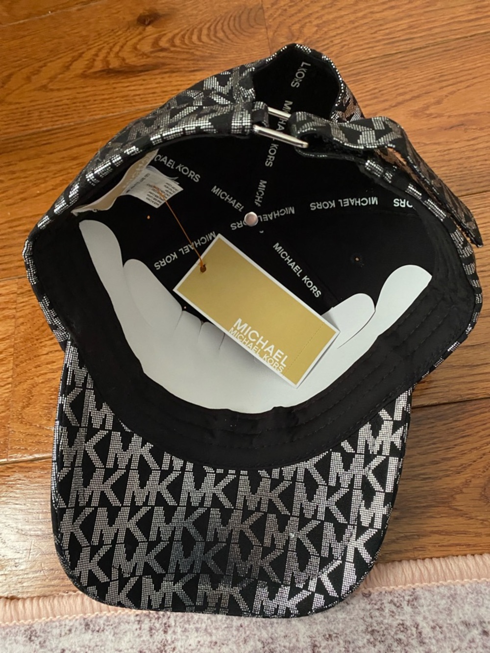 Michael Kors Printed MK Logo Adjustable Hat Black/Silver BRAND NWT - Picture 3 of 4